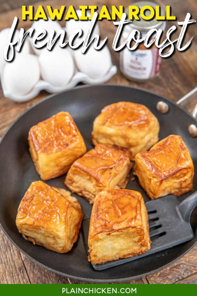cooking french toast in a skillet with text overlay