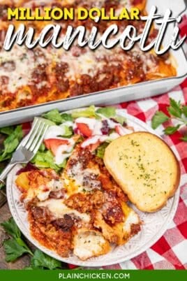 plate of manicotti, salad, and garlic bread with text overlay
