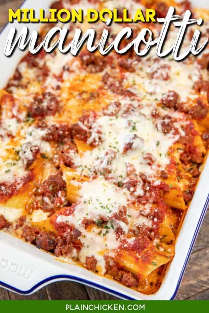 baking dish of cheese manicotti with text overlay