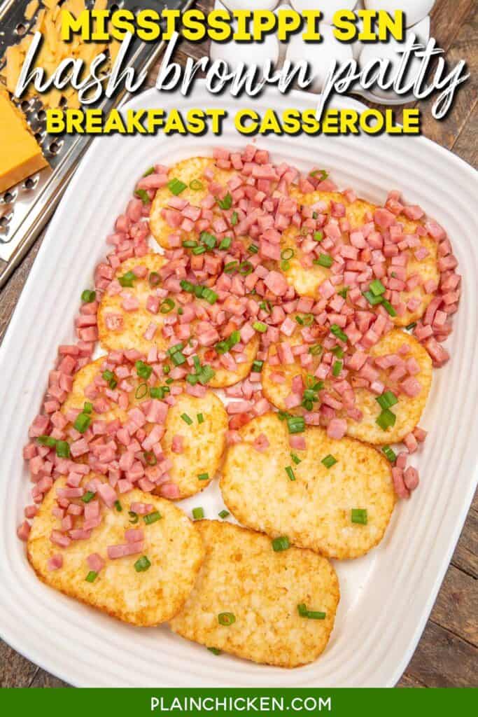 assembling ham breakfast casserole with text overlay