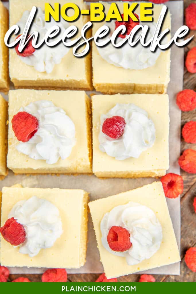 cheesecake slices on a platter with text overlay