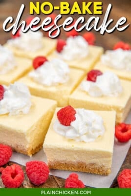 slices of cheesecake topped with whipped cream and raspberries with text overlay
