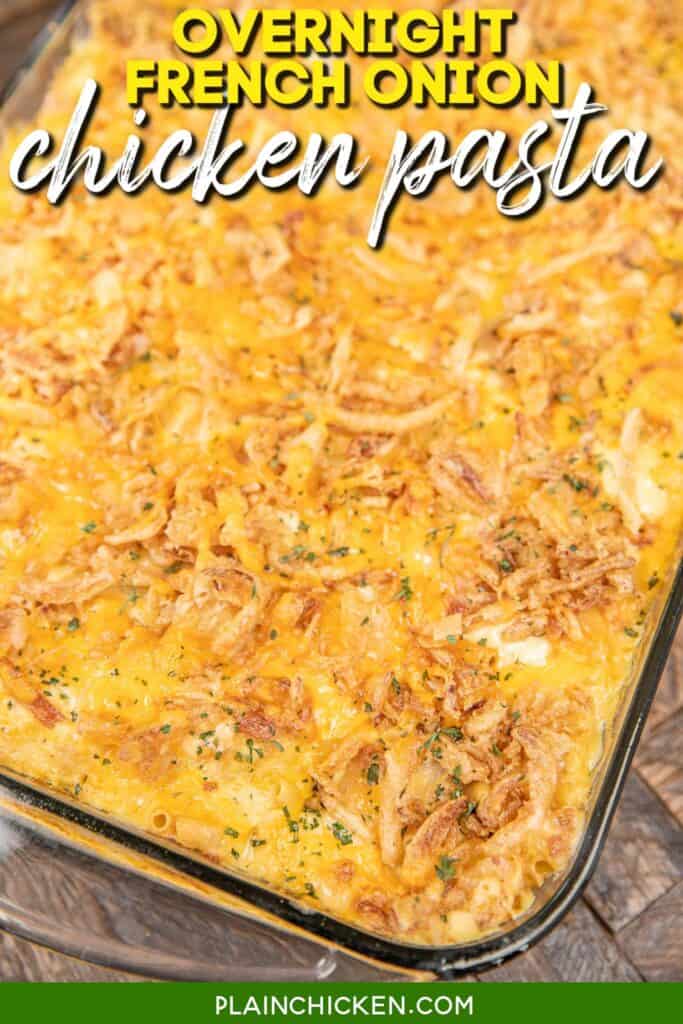baking dish of french onion pasta with text overlay