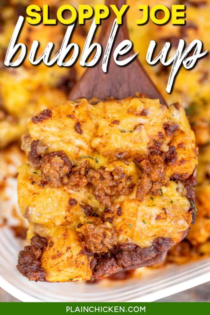 scooping sloppy joe biscuits from casserole dish with text overlay