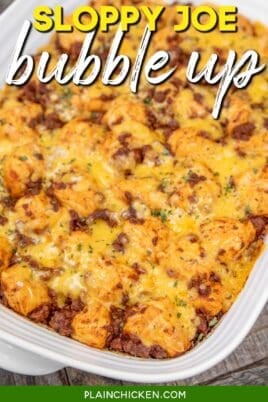 baking dish of sloppy joe biscuit casserole with text overlay
