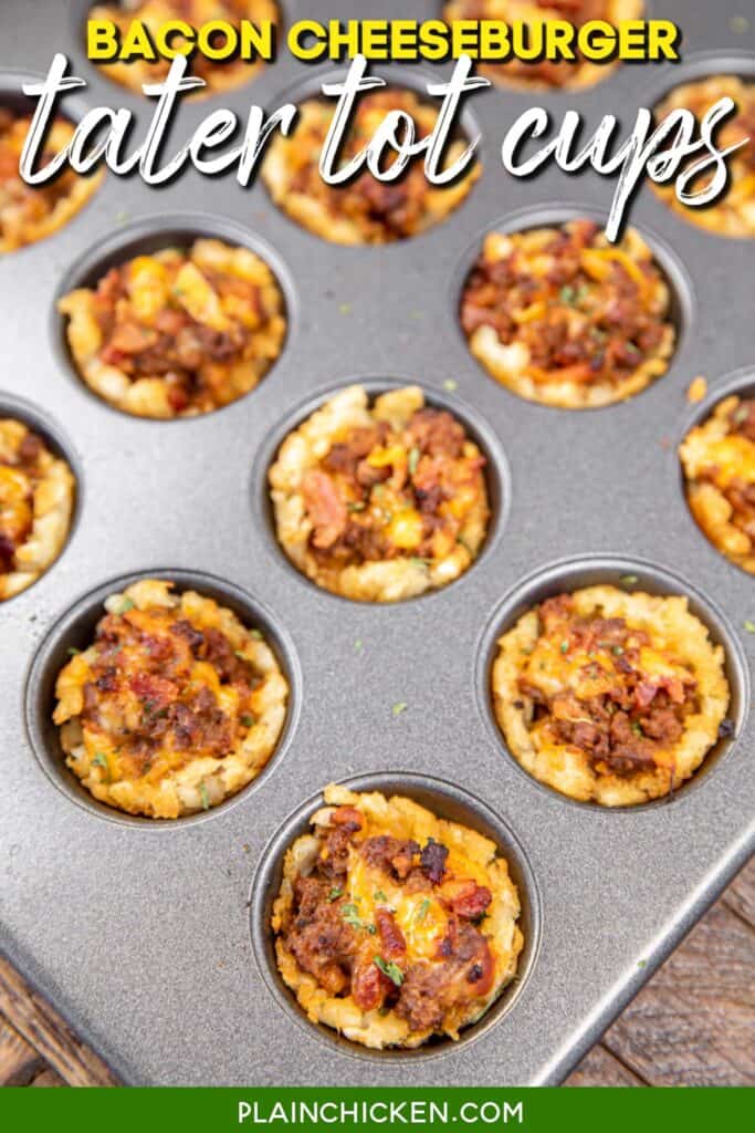 tater tot cups in mini muffin pan with text overlay