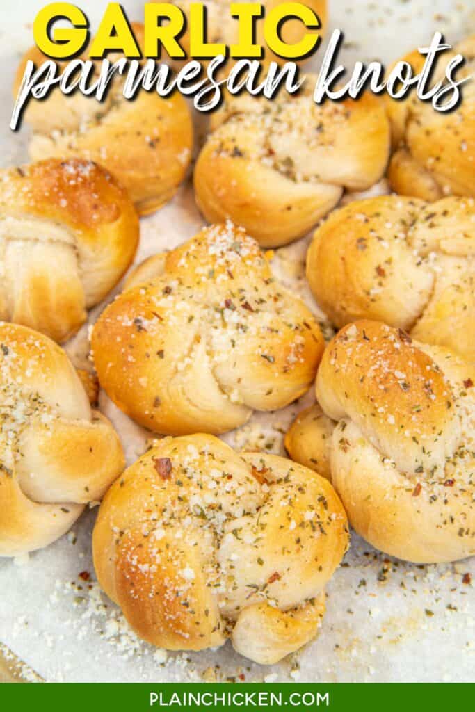garlic knots on a platter with text overlay