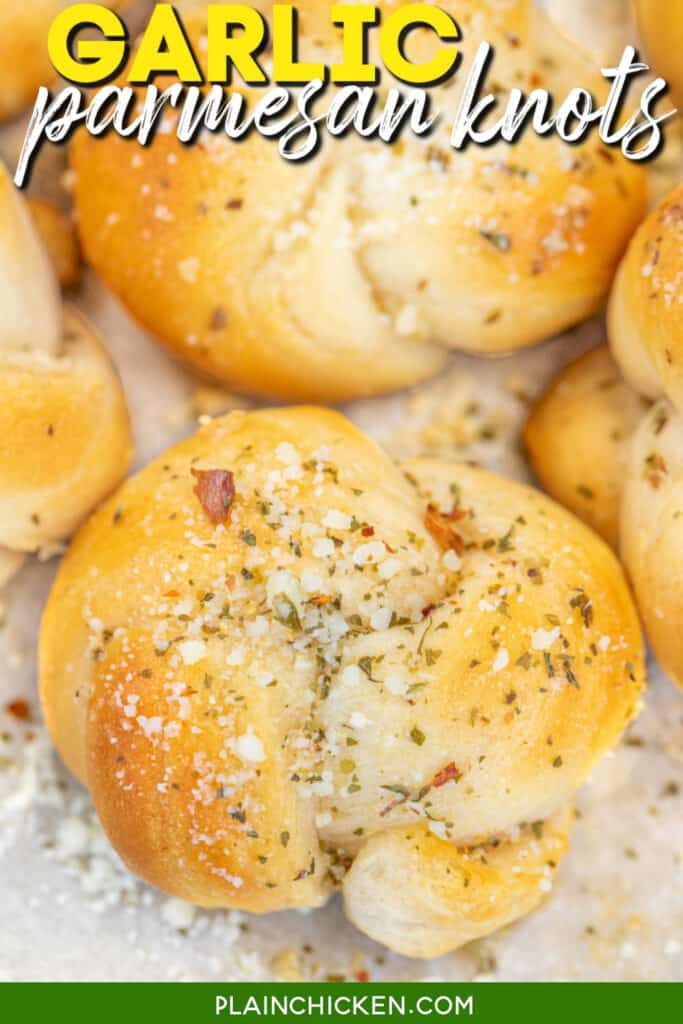 garlic knots on a platter with text overlay