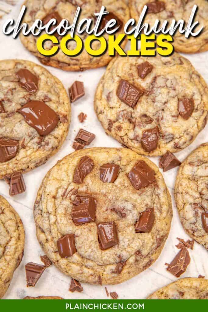 chocolate chunk cookies on a platter with text overlay