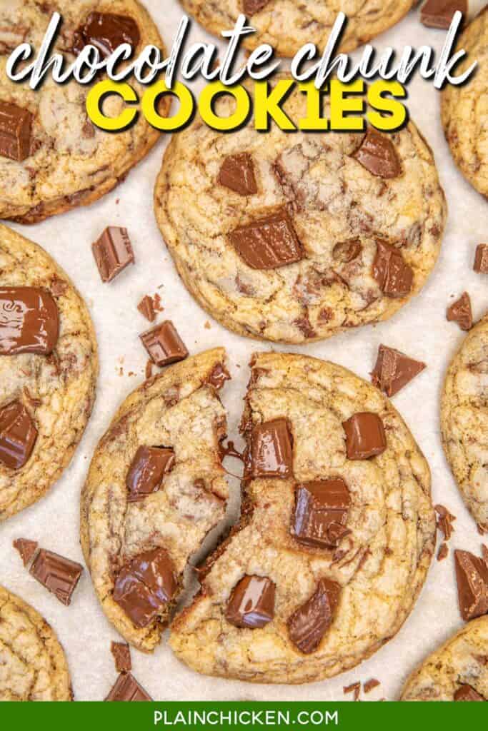 chocolate chunk cookie broken in half on a platter with text overlay