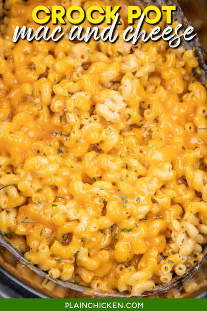 macaroni and cheese in a slow cooker with text overlay