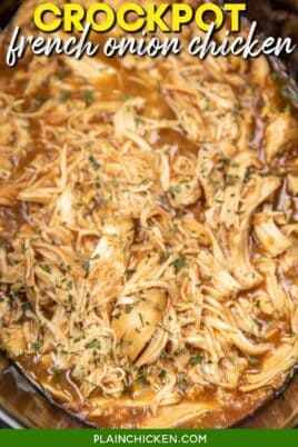 slow cooker of french onion chicken and gravy with text overlay