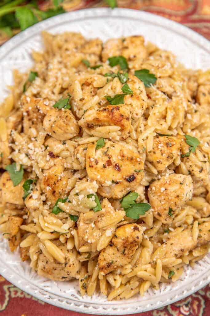 plate of chicken and orzo pasta