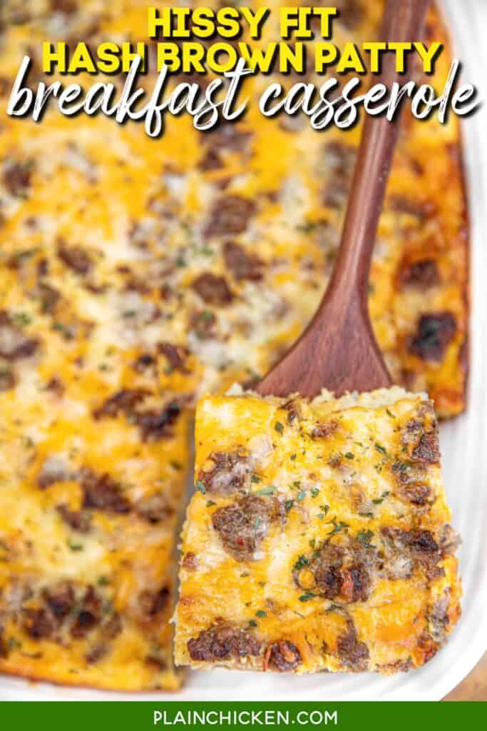 slice of breakfast casserole on a spatula with text overlay