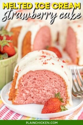slice of strawberry cake topped with vanilla glaze with text overlay