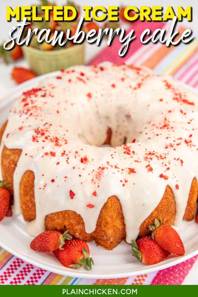 strawberry bundt cake topped with vanilla glaze with text overlay