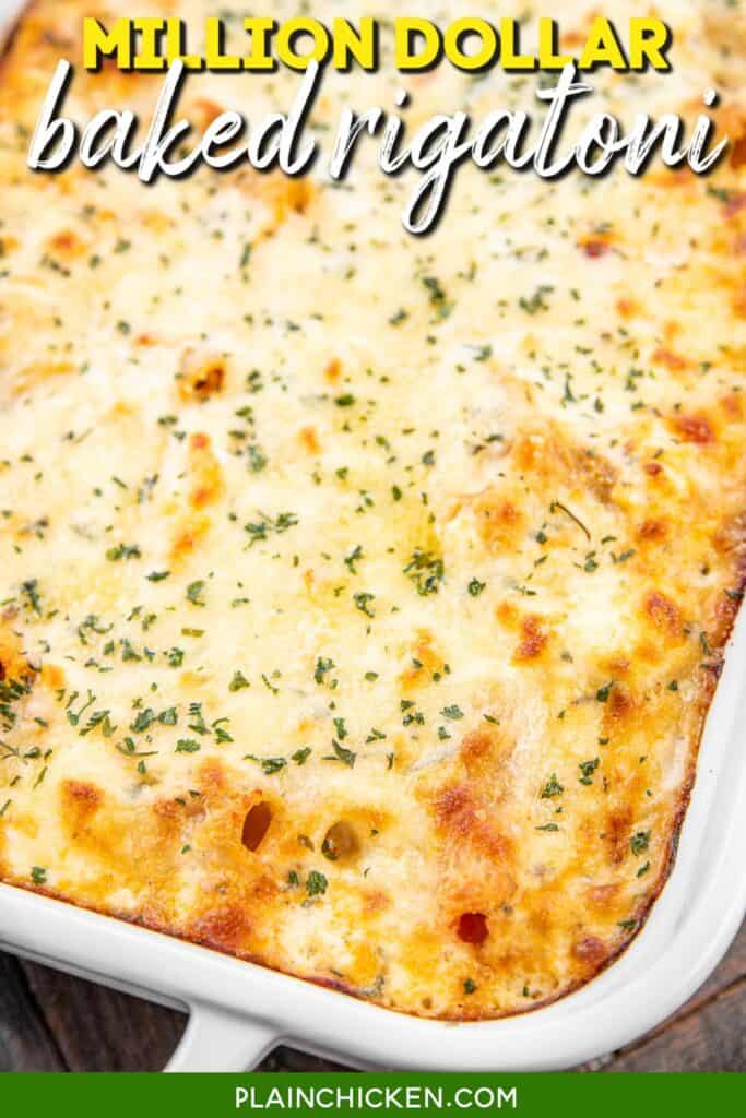 baking dish of baked pasta with text overlay
