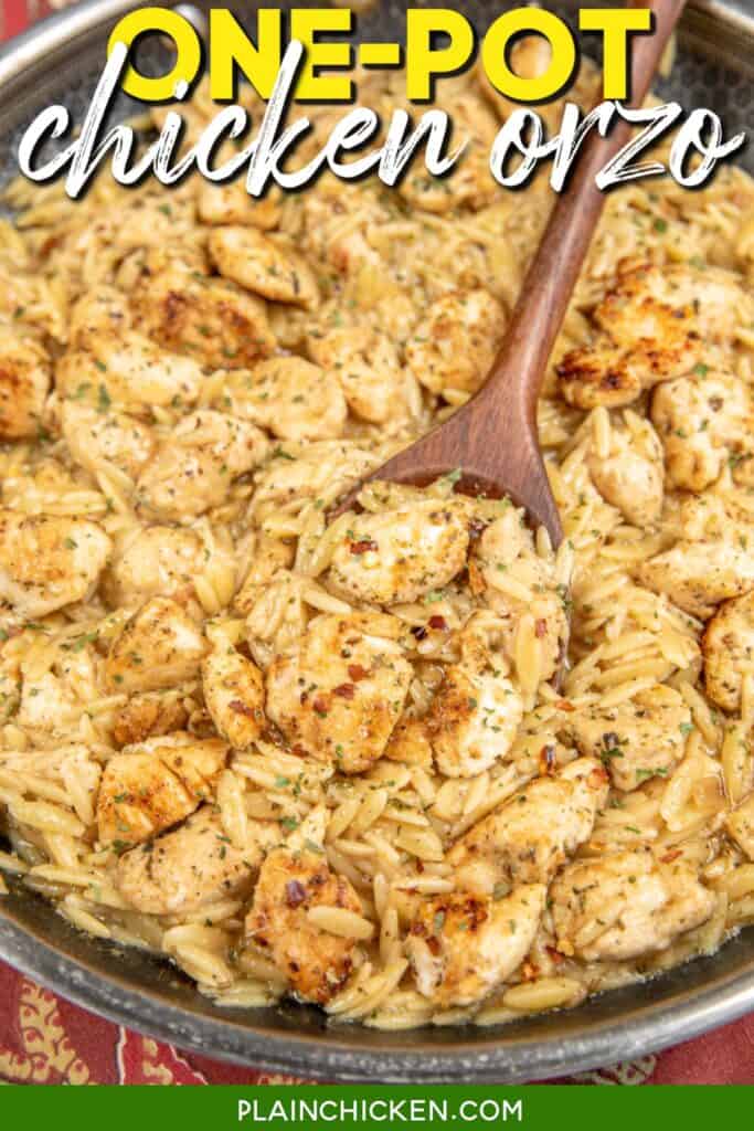 scooping chicken and orzo from a skillet with text ovleray