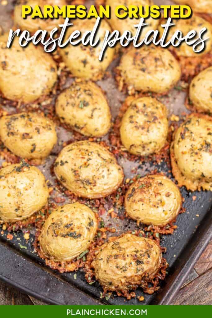pan of roasted potatoes with text overlay