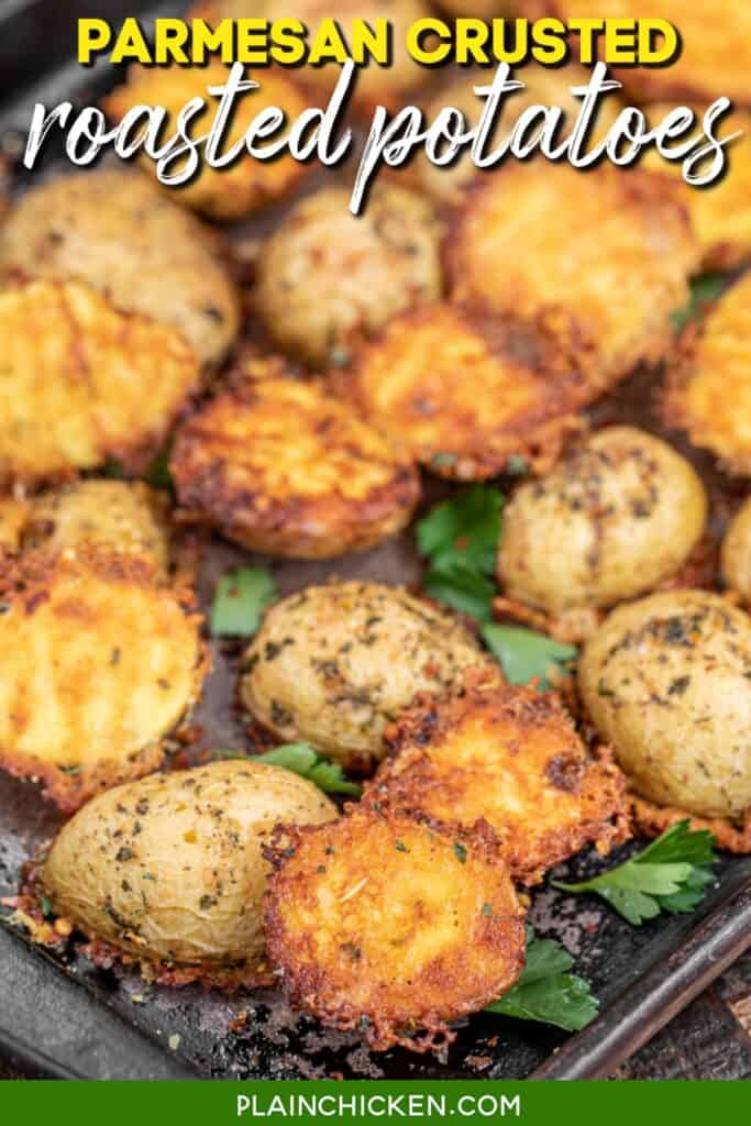 pan of roasted potatoes with text overlay with text overlay