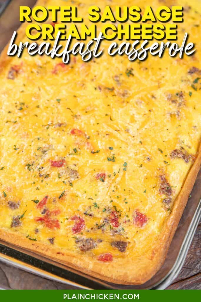 baking dish of crescent roll breakfast casserole with text overlay