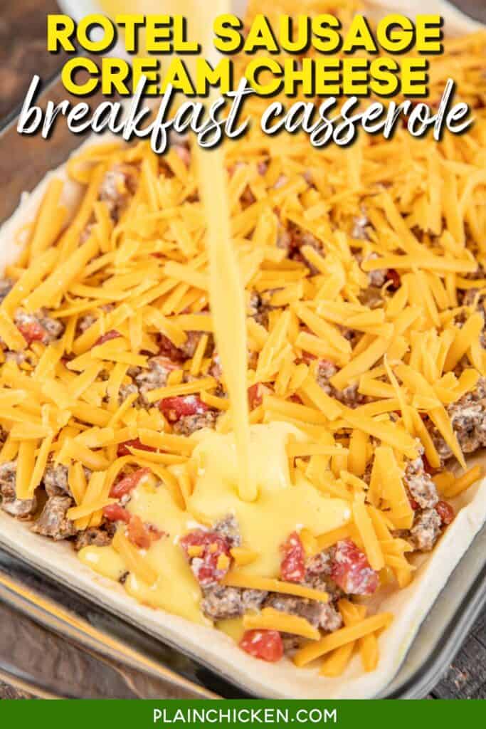 pouring egg mixture over sausage and cheese in baking dish with text overlay