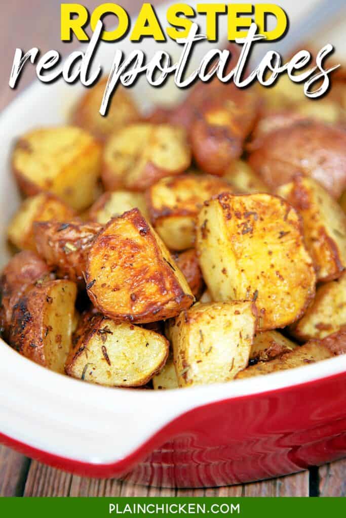 baking dish of roasted potatoes with text overlay