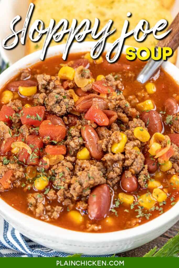 bowl of sloppy joe soup with text overlay