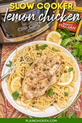 plate of lemon chicken on top of pasta with text overlay