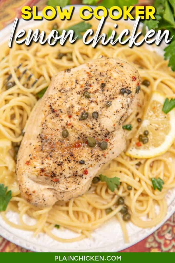 plate of lemon caper chicken on top of pasta with text overlay