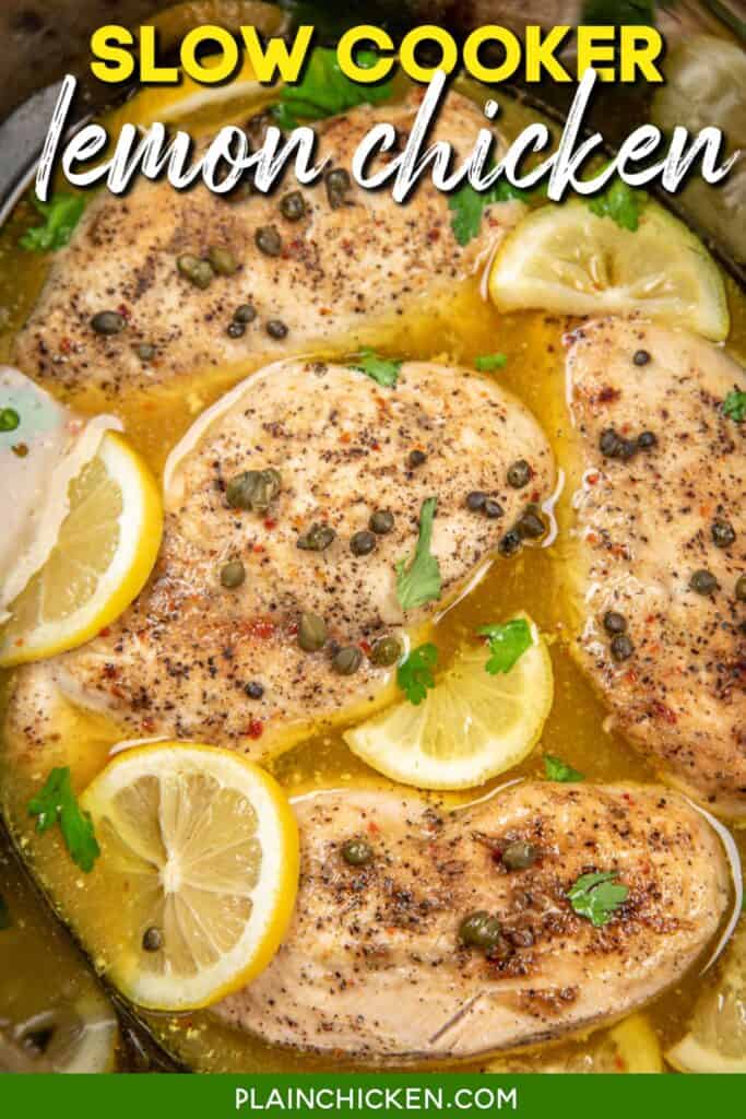 lemon chicken in the crockpot with text overlay