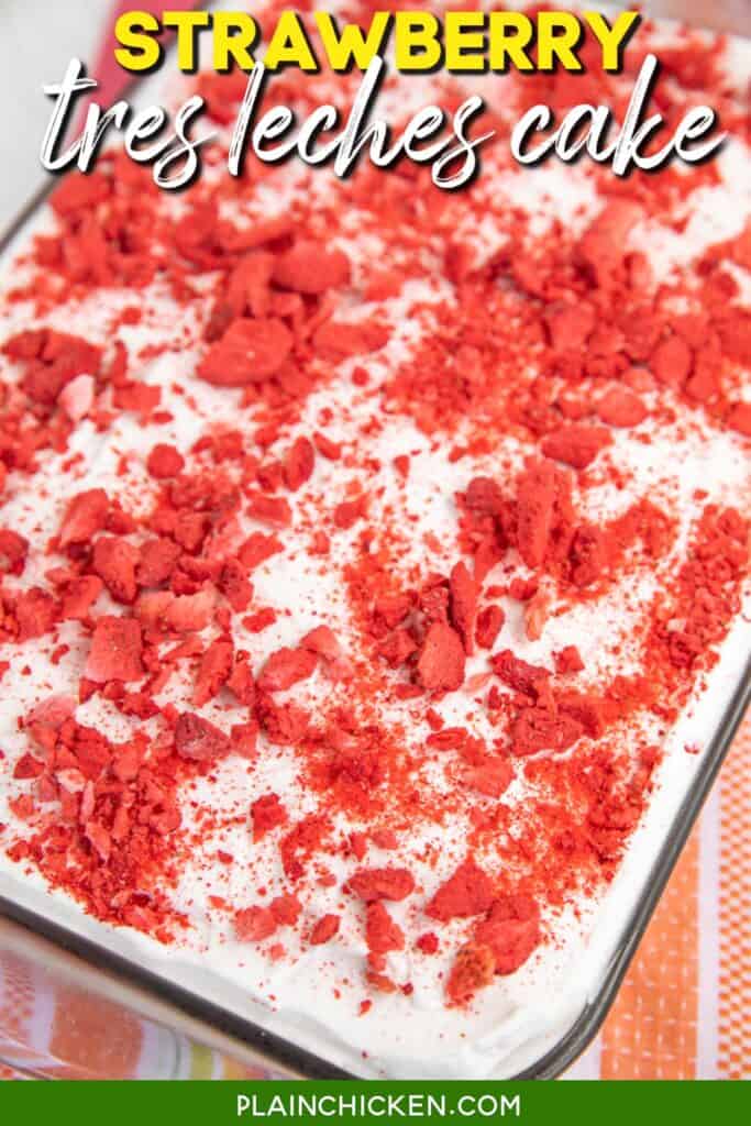 strawberry cake in a baking pan with text overlay