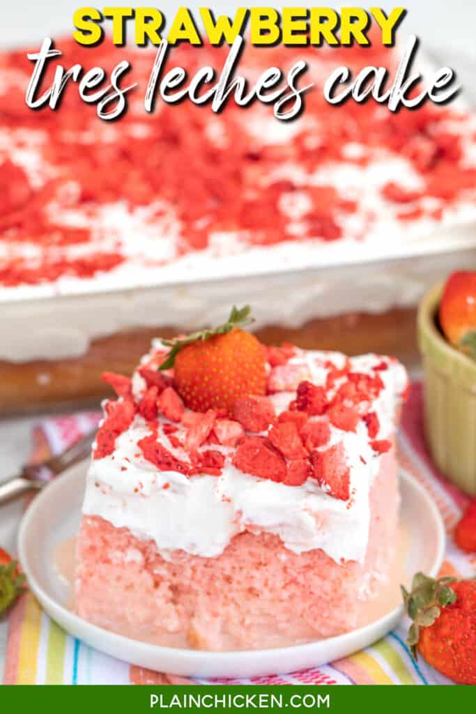 slice of strawberry tres leches cake with text overlay