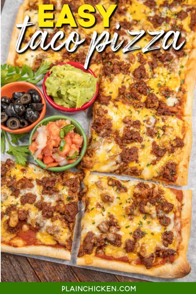 ground beef taco pizza with text overlay