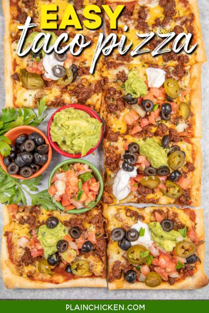 taco pizza topped with jalapeños and guacamole with text overlay
