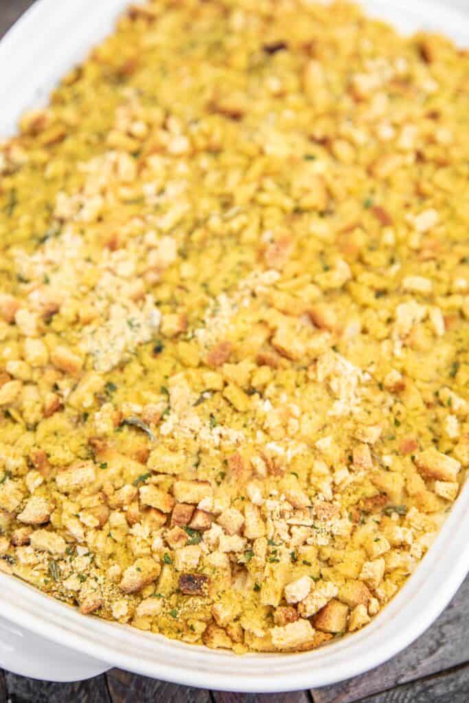 baking dish of stuffing topped chicken casserole