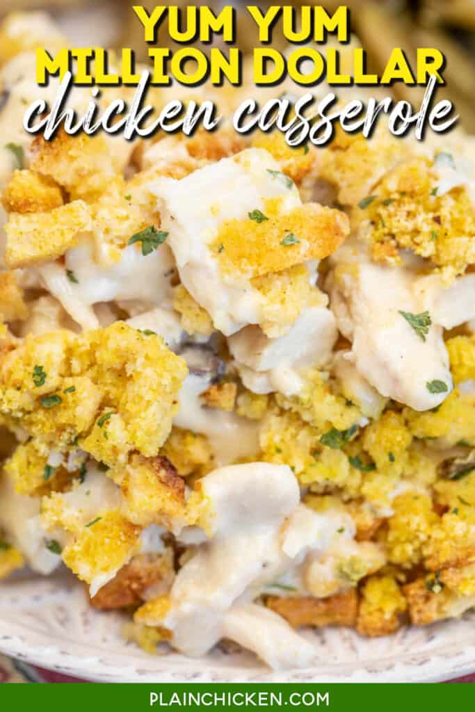 plate of stuffing chicken casserole with text overlay