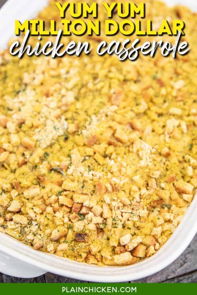 baking dish of stuffing topped chicken casserole with text overlay