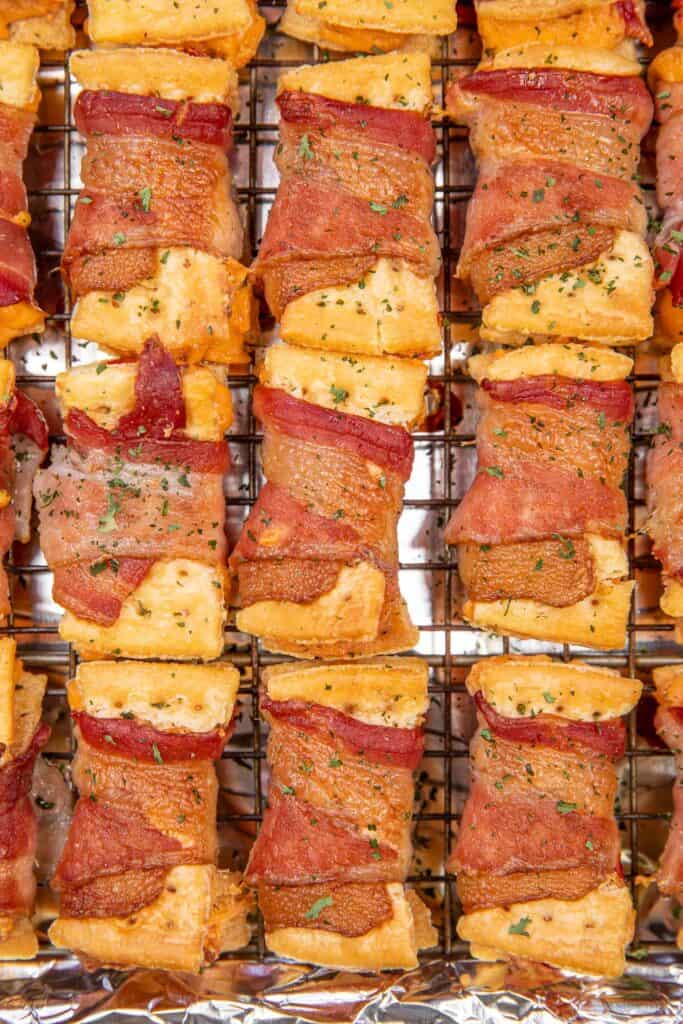 bacon crackers on a baking sheet
