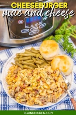 plate of macaroni and cheese with green beans and biscuits with text overlay