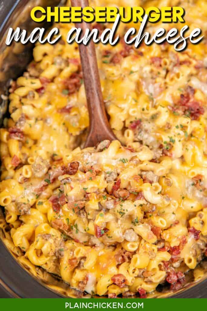 scooping bacon cheeseburger mac and cheese from crockpot with text overlay