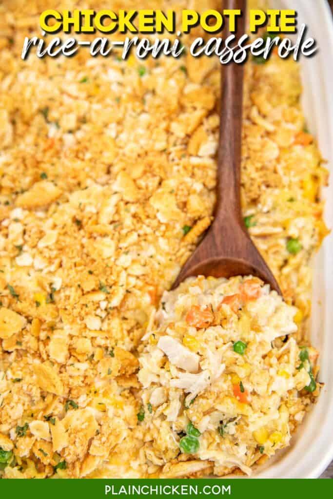 scooping chicken pot pie rice casserole from baking dish with text overlay