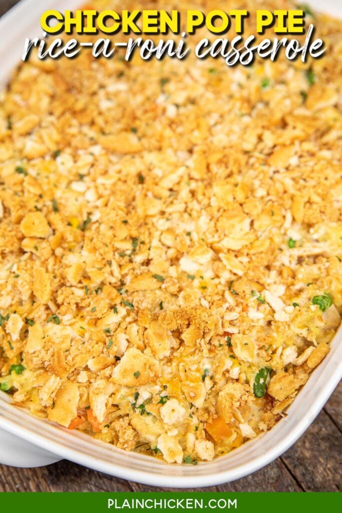 baking dish of chicken pot pie rice casserole with text overlay