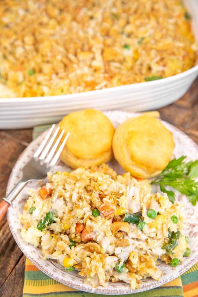 plate of chicken pot pie rice-a-roni casserole with biscuits