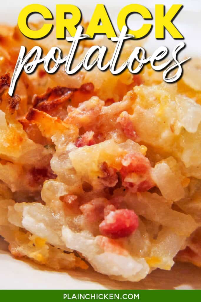 scoop of crack potatoes on a plate with text overlay