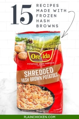 bag of frozen hash browns on the counter with text overlay