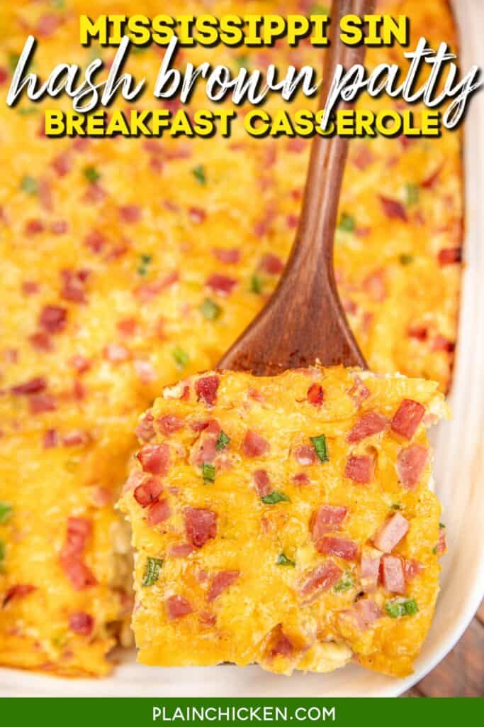 ham and cheese hash brown casserole on a spatula with text overlay