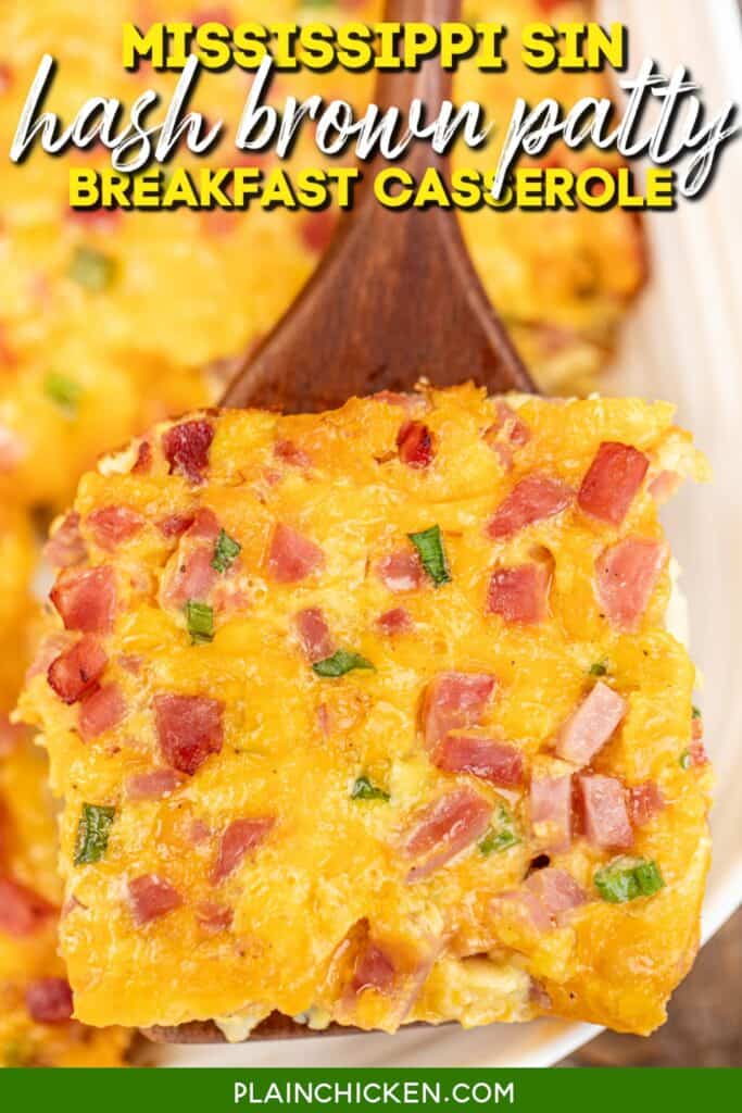 ham and cheese hash brown casserole on a spatula with text overlay