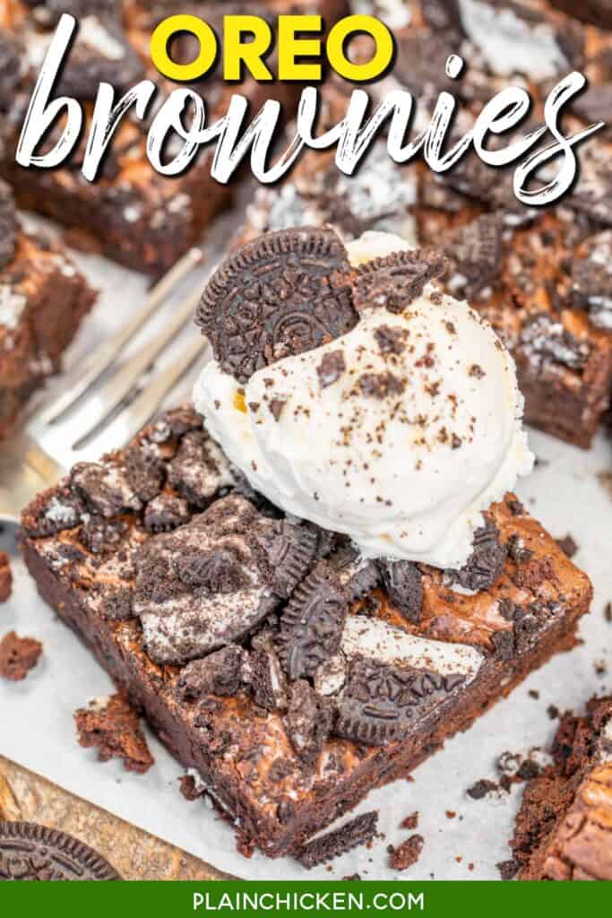oreo brownie topped with ice cream with text overlay