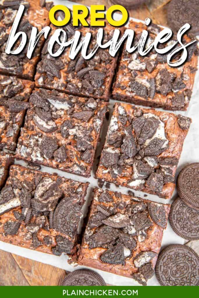 brownies cut into squares on a platter with text overlay